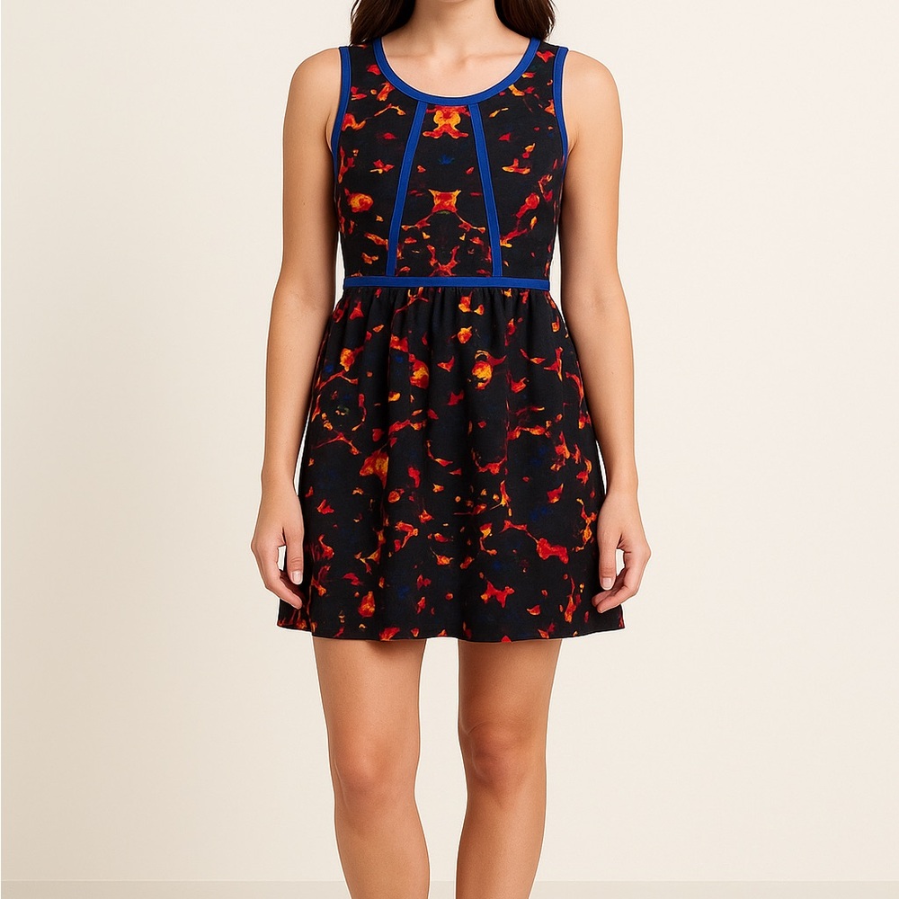 Kensie Sleeveless Fit & Flare Dress Black Blue Floral Kaleidoscope Print Size L